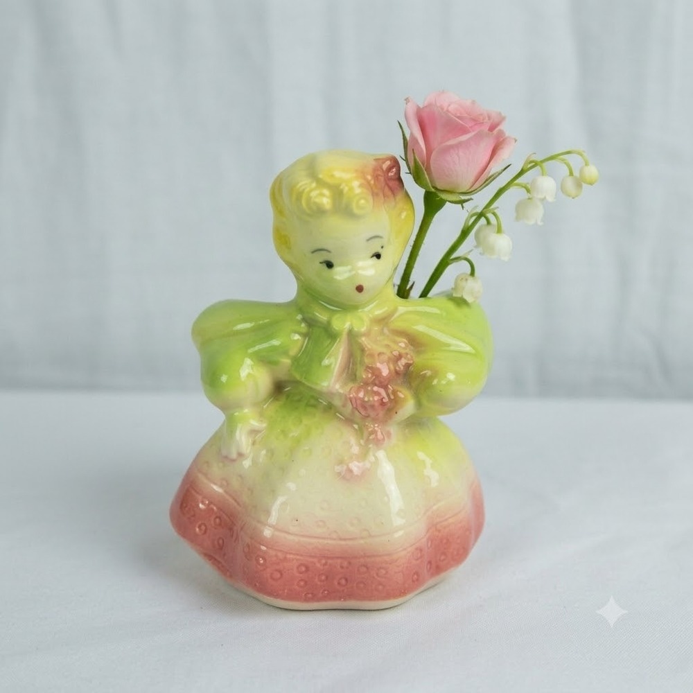 Vintage Ceramic Girl Figurine Planter Pastel Pink Green Mid Century 90 USA